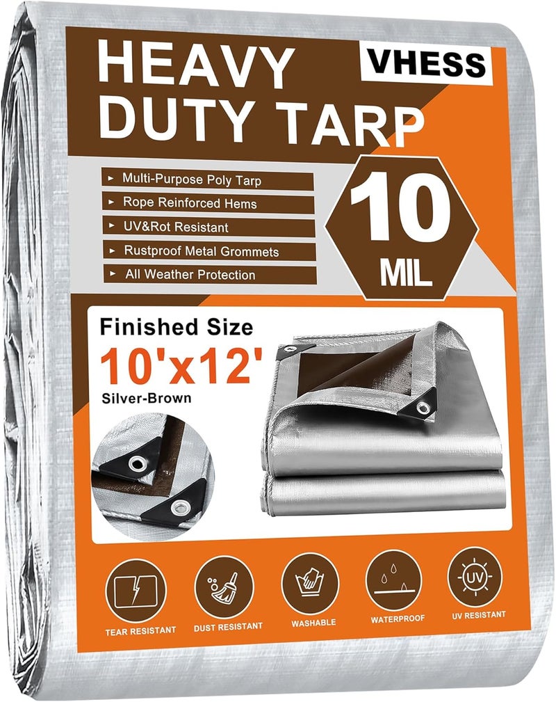 VHESS Tarps Heavy Duty Waterproof 10’ X 12’, 10 Mil Multipurpose Poly Tarp Cover, tarp Waterproof UV Resistant Tear&Fade Resistant, Outdoor Tarpaulin for Roof, Camping, Patio, Pool, Boat, Car - Image 1